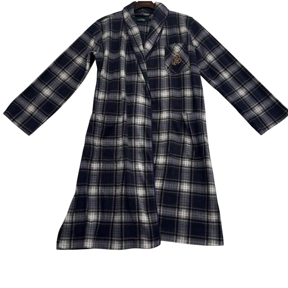 Lauren Ralph Lauren Purple Green Plaid Fleece Robe Crest Logo Small #464